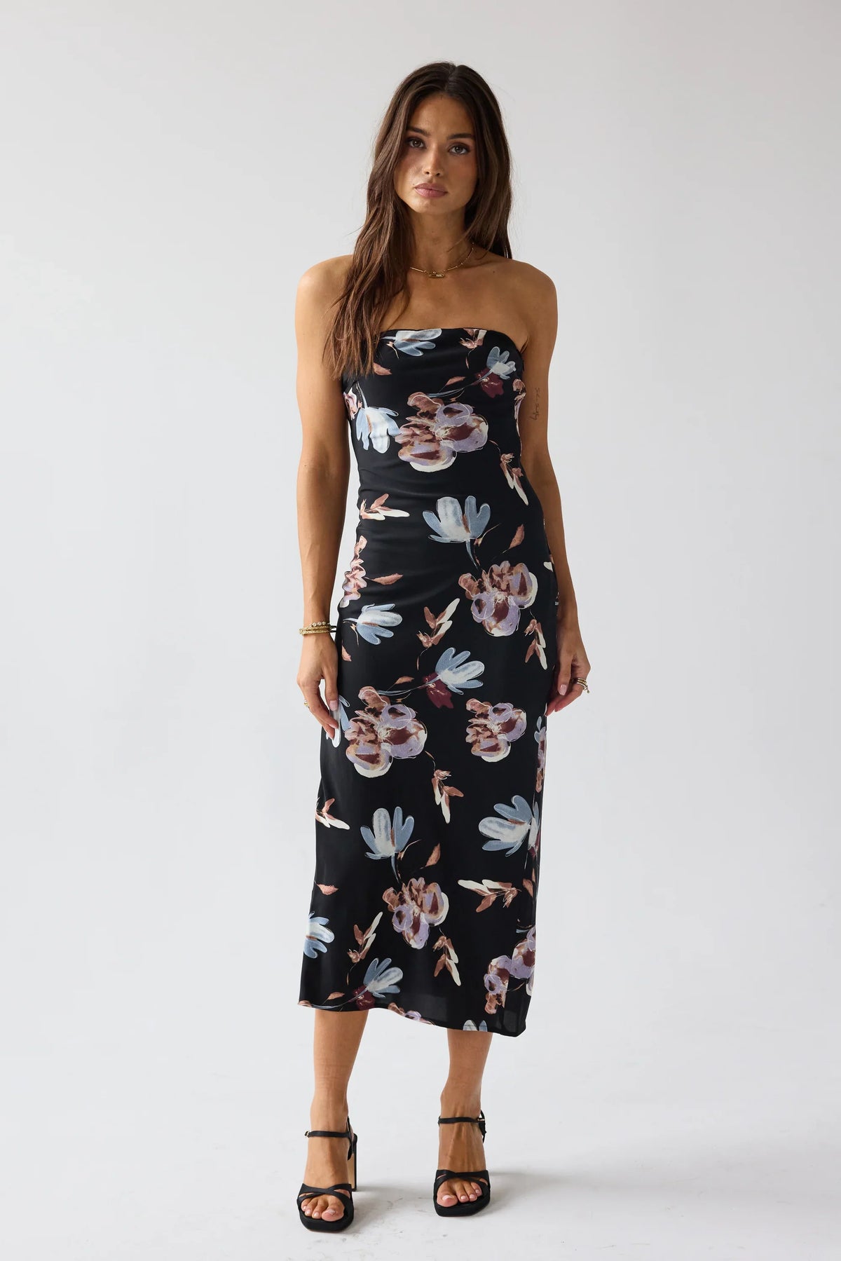 Kendall Strapless Midi Dress in Black