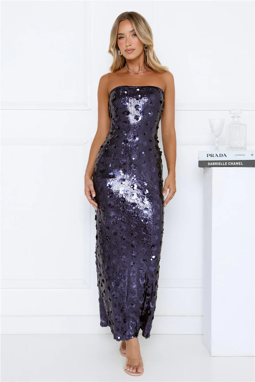 Shimmer Shine Sequin Strapless Maxi Dress Navy