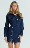 Ainsley Mini Dress Button Through Long Sleeve Denim Dress in Dark Blue