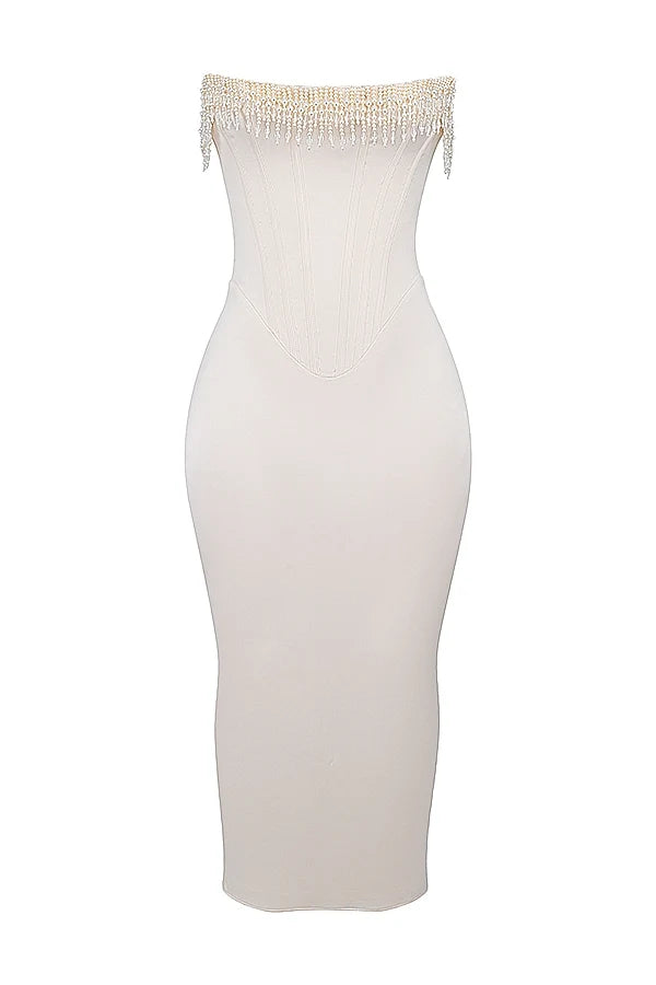 vintage cream embellished strapless dress