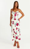 Dahlia Midi Dress Cowl Neck A Line Dress in Scarlet Rose Print