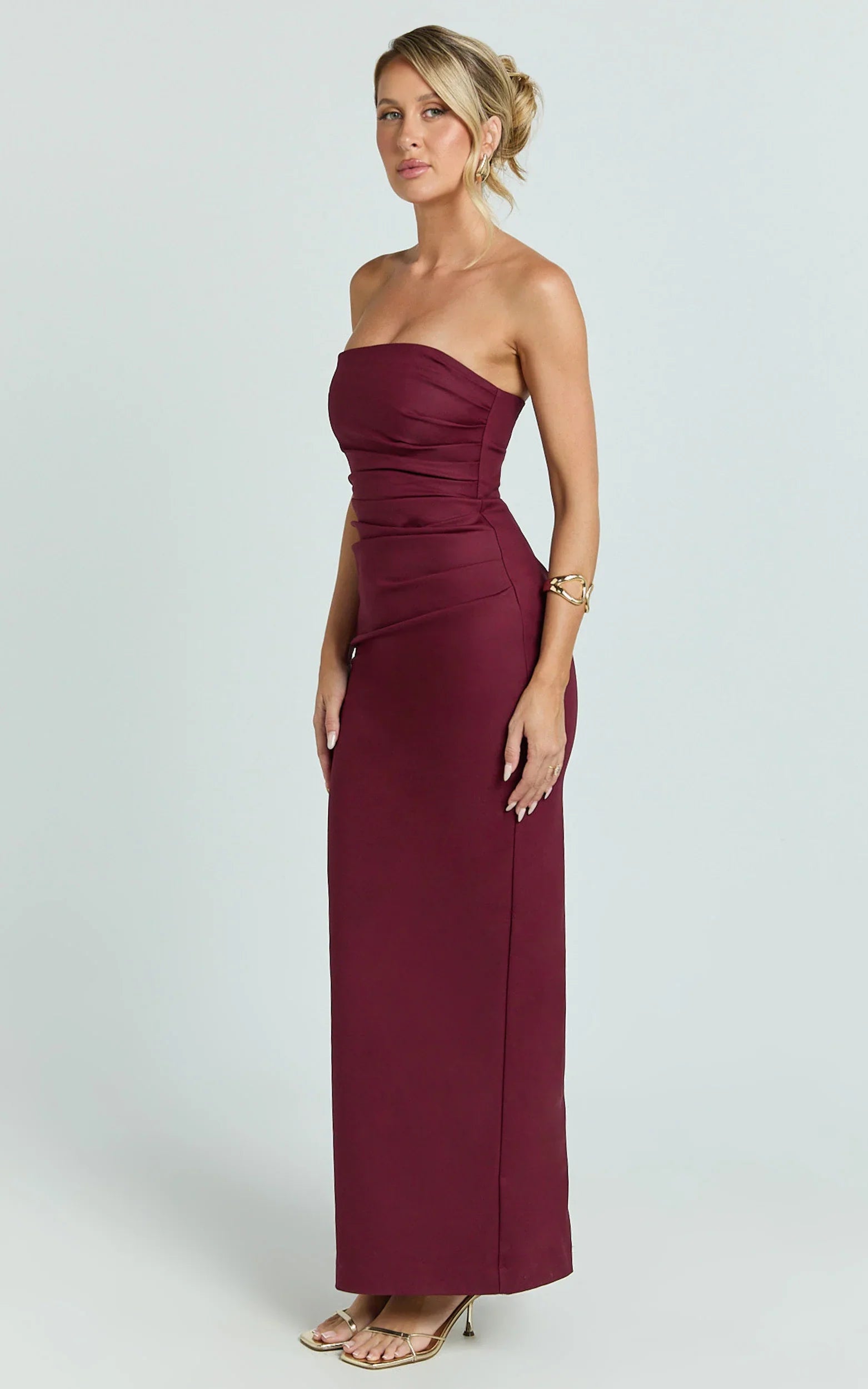 Jamie Maxi Dress Strapless Ruched Fitted Column Dress in Wine