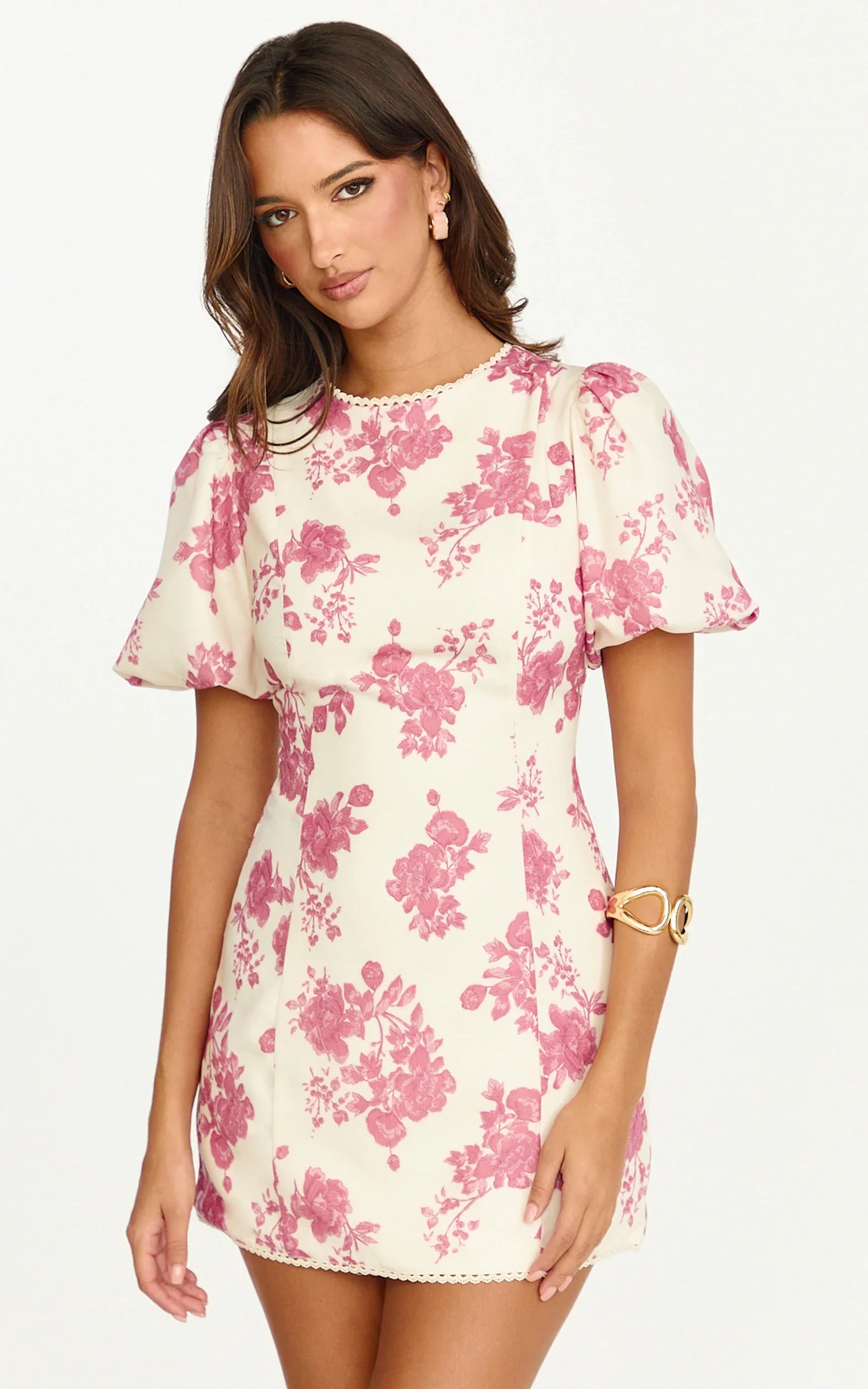 Lila Mini Dress High Neck Puff Sleeve Lace Back Fitted Dress in Toile De Joie Print