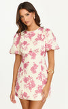 Lila Mini Dress High Neck Puff Sleeve Lace Back Fitted Dress in Toile De Joie Print