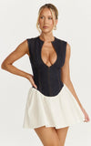 Schiffer Mini Dress Low Cut Notch Neck Contrast Denim Mini Dress in Raw