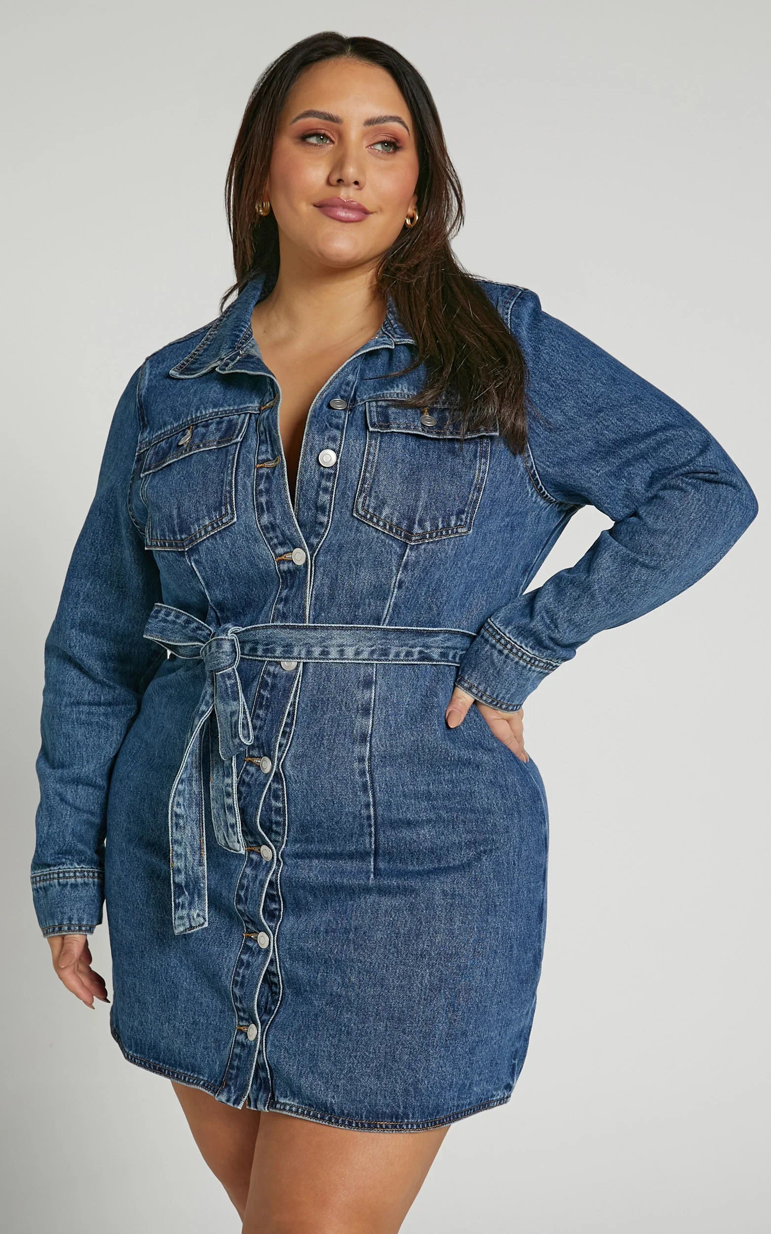 Enriquetta Mini Dress Cotton Denim Long Sleeve Button Up Dress in Blue