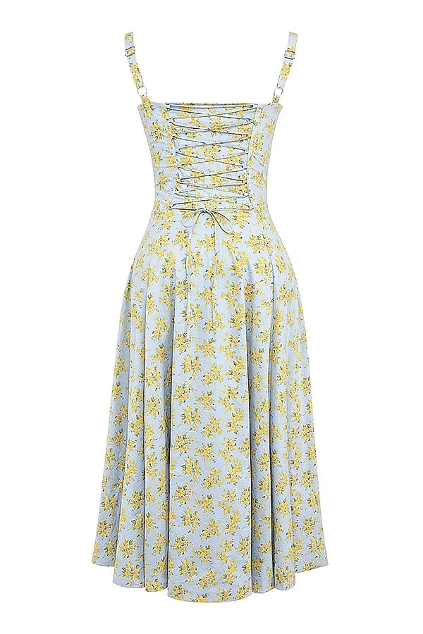 soft blue vintage floral print cotton bustier sundress
