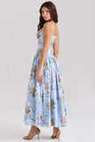 blue vintage rose print cotton midi sundress