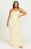 Charlita Maxi Dress Strapless Cowl Back Satin Dress in Butter Yellow