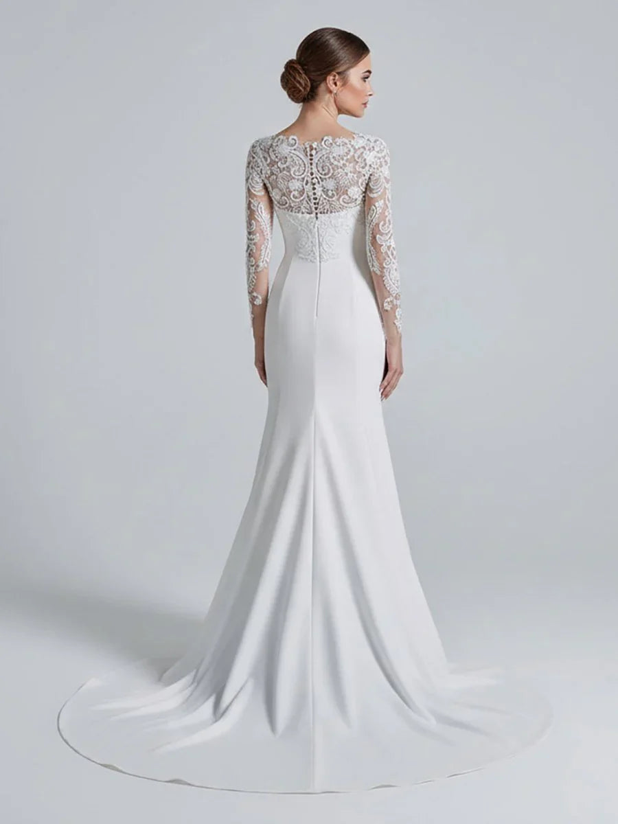 Mermaid White Lace Appliques Beaded Wedding Dress