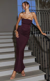 Phoebe Maxi Dress Strapless Structured Bodice Drape Skirt Dress in Plum