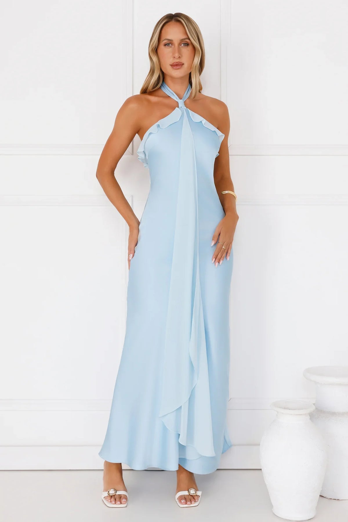 Luxora Lady Halter Satin Maxi Dress Blue