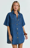 Richelle Mini Dress Short Sleeve Denim Shirt Dress in Mid Blue