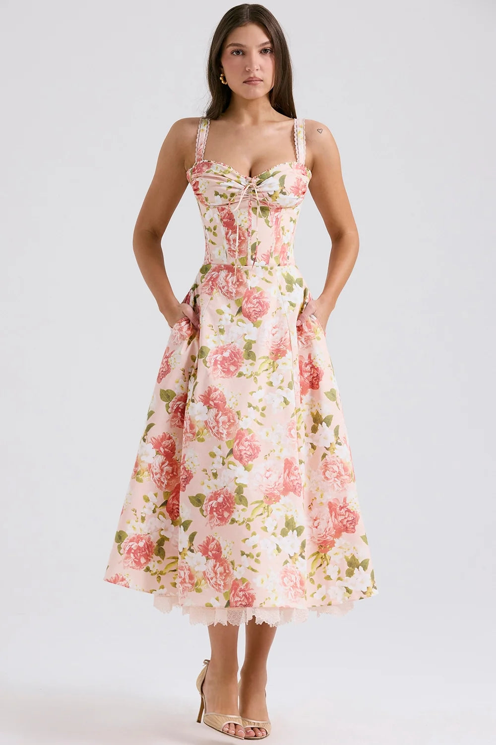 pink peony print cotton bustier sundress