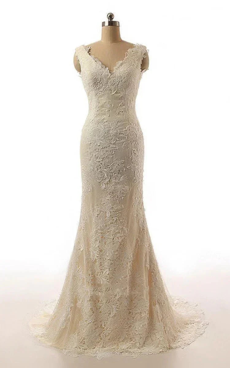 Mermaid Cap Sleeve Sweep Train Lace Wedding Dress