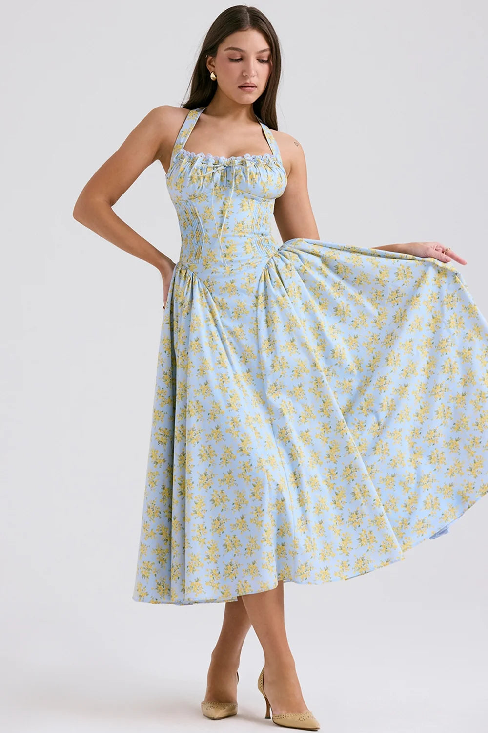soft blue vintage floral print cotton halter sundress