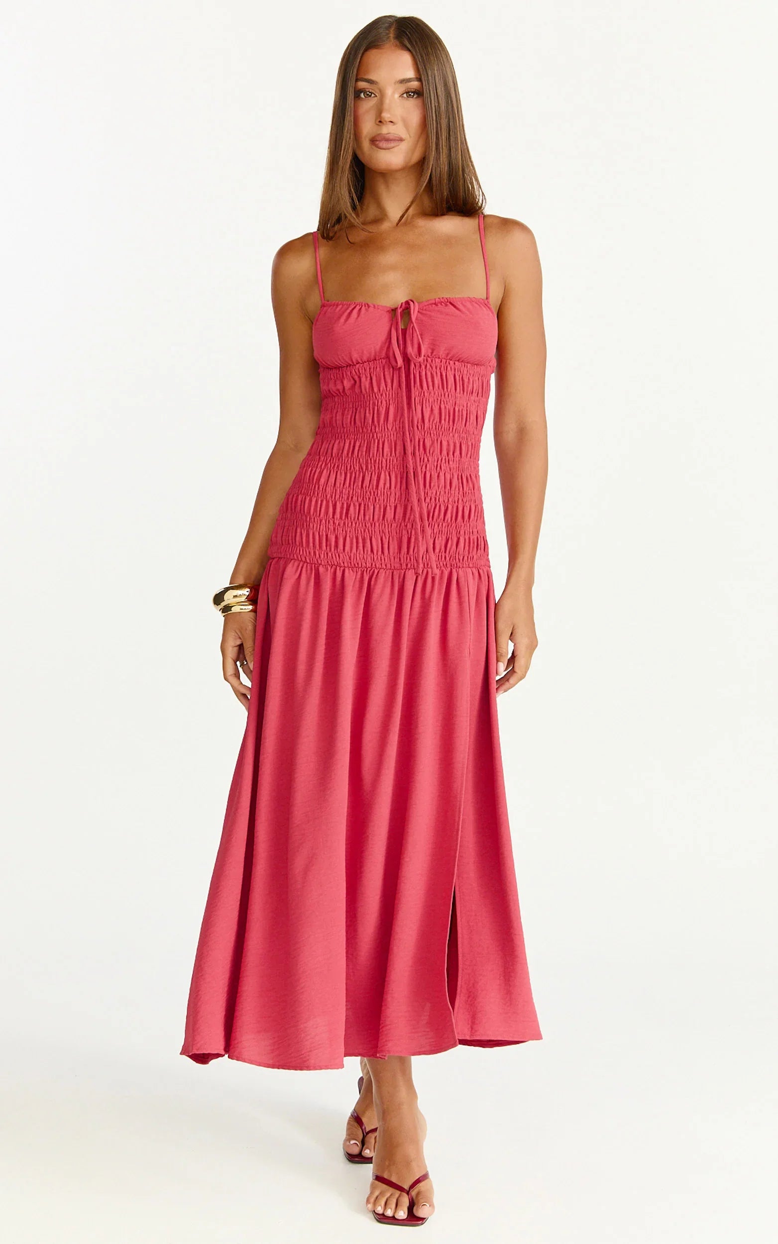 Eloise Midi Dress Shirred Bodice Split Leg A Line Dress in Rose
