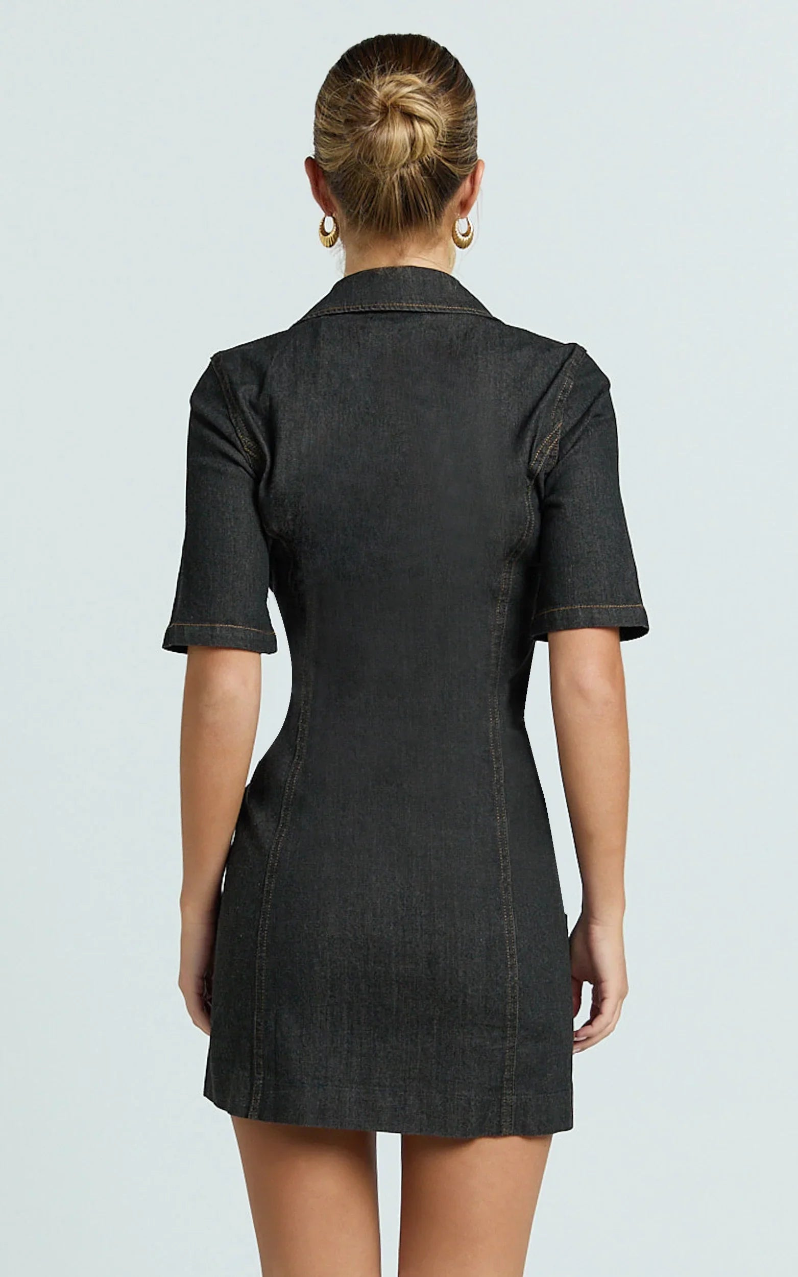 Tessie Mini Dress Zip Front Collared Denim Mini Dress in Black