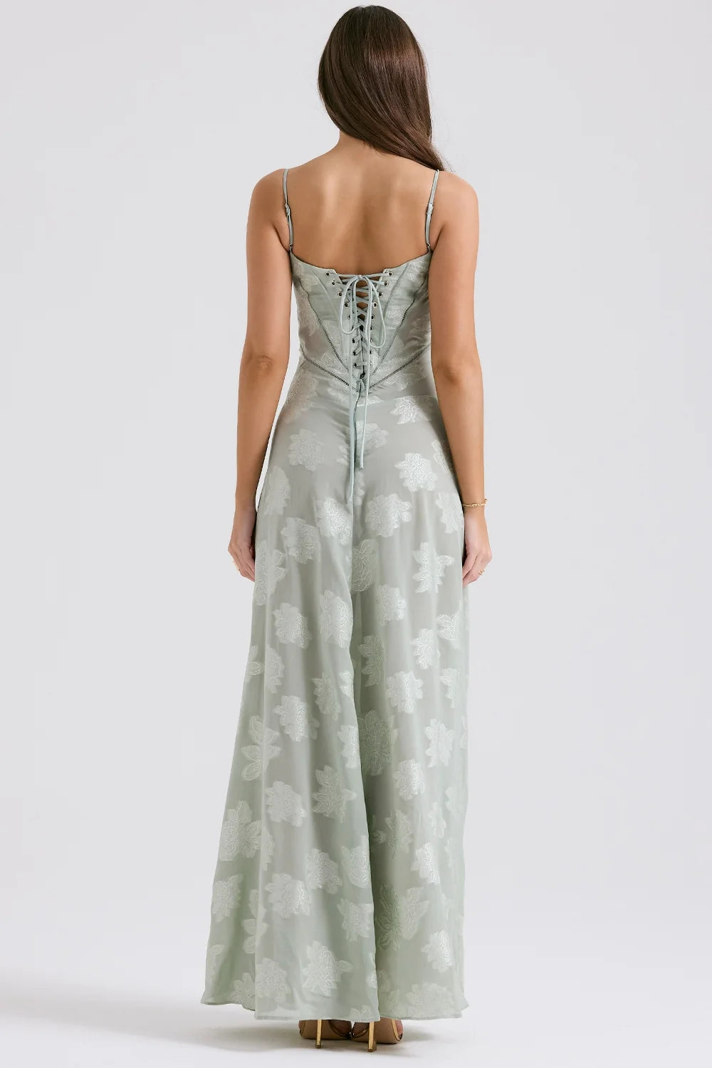 pistachio floral lace back maxi dress