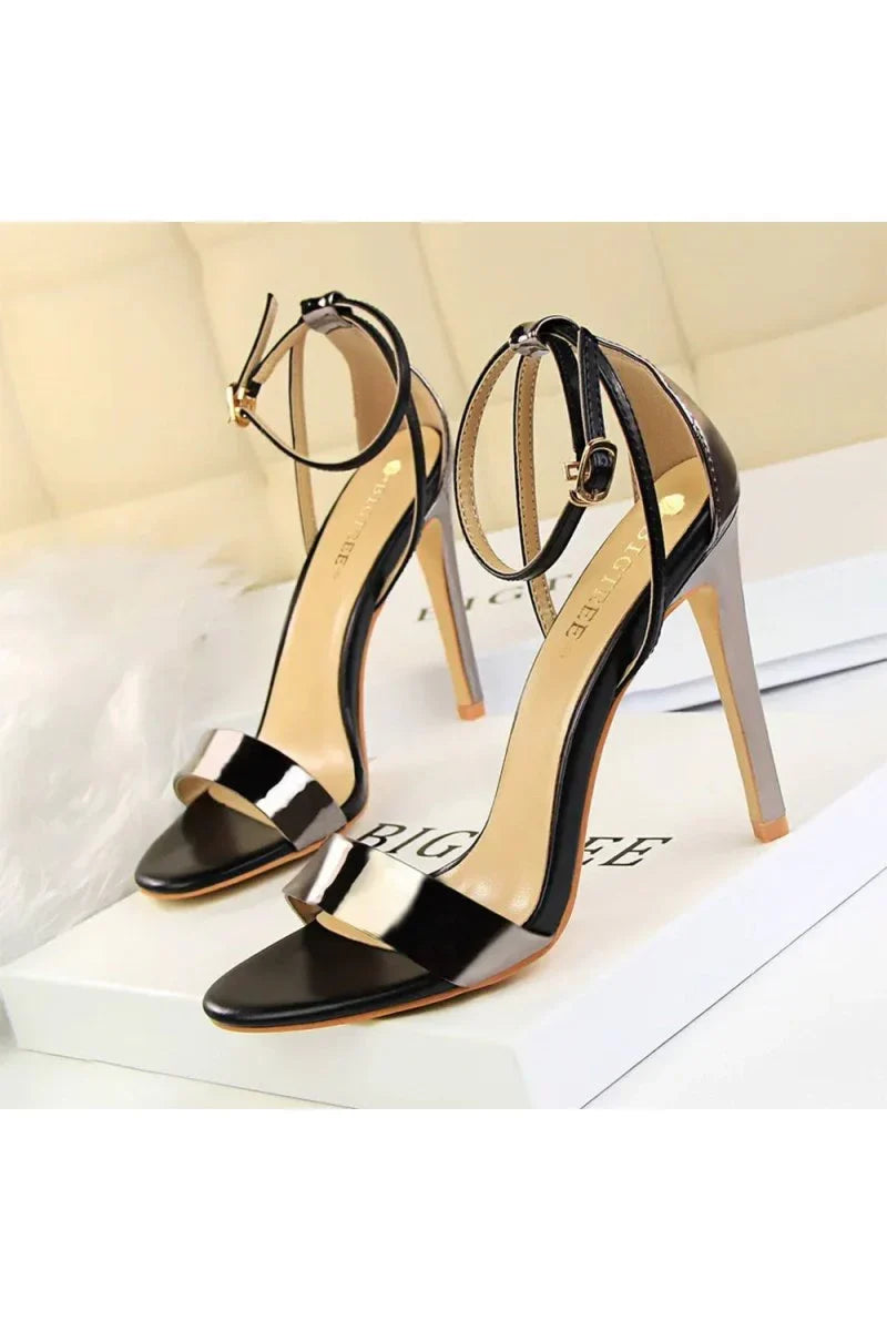 Open Toe Ankle Strap Patent Leather Stiletto Heels