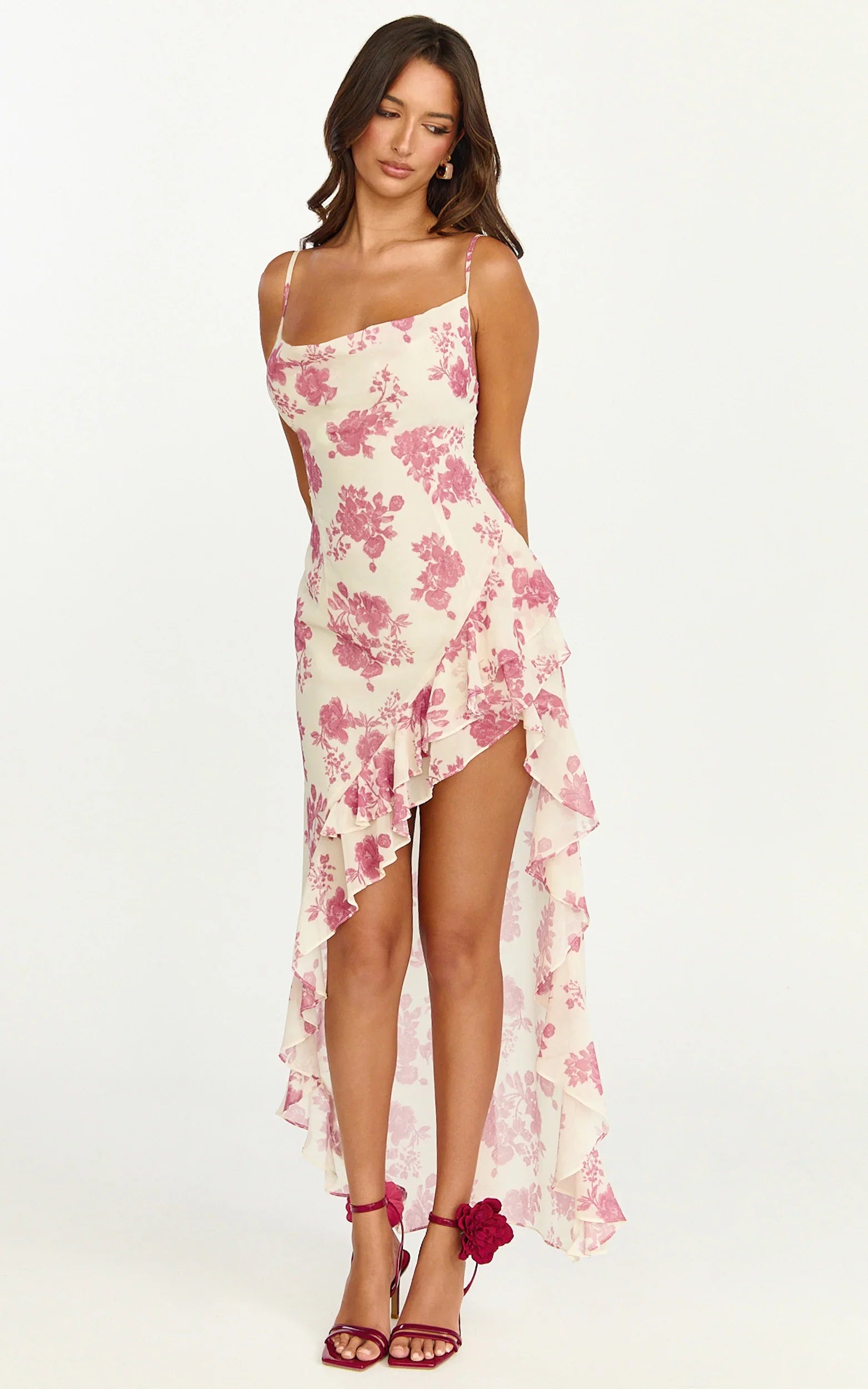 Lila Maxi Dress Cowl Neck Asymmetric Frill Skirt Dress in Toile De Joie Print