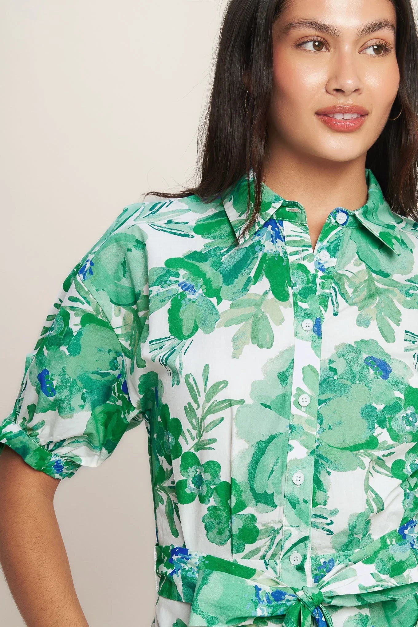 SIMPLY IN BLOOM GREEN FLORAL MIDI SHIRT DRESS