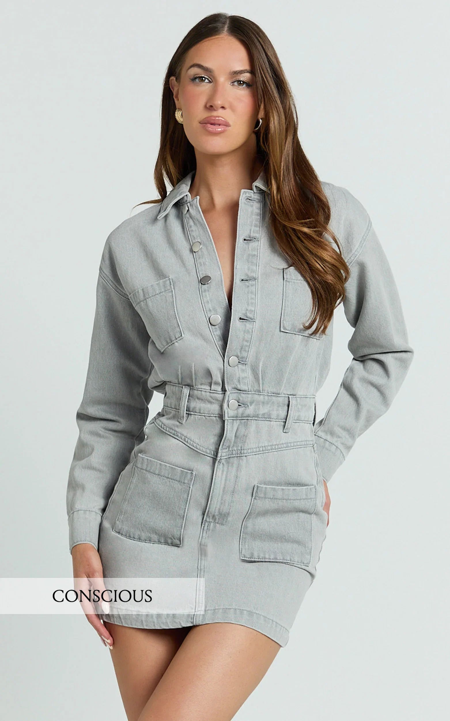 Kamala Mini Dress Long Sleeve Button Through Denim Dress in Grey