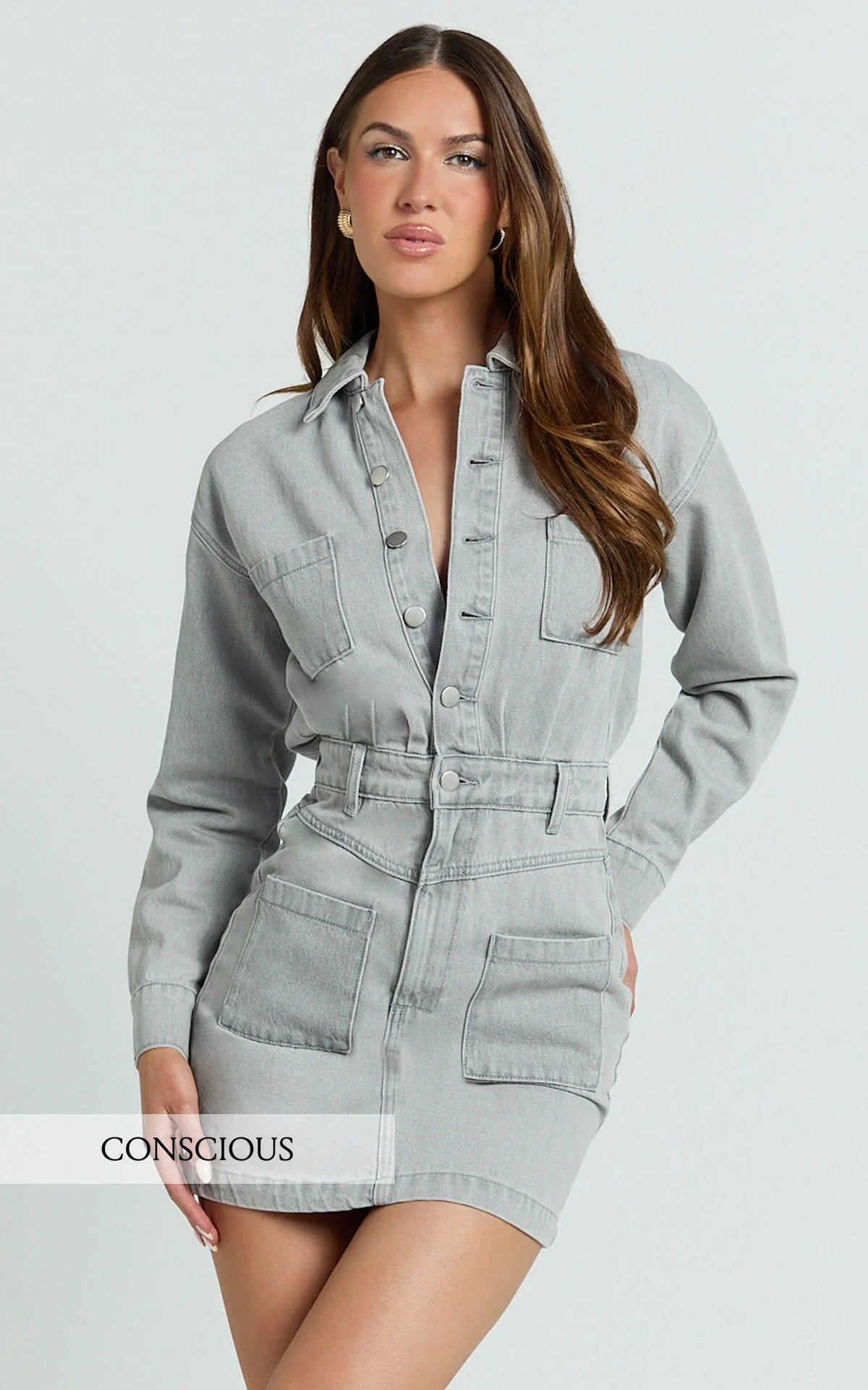 Kamala Mini Dress Long Sleeve Button Through Denim Dress in Grey