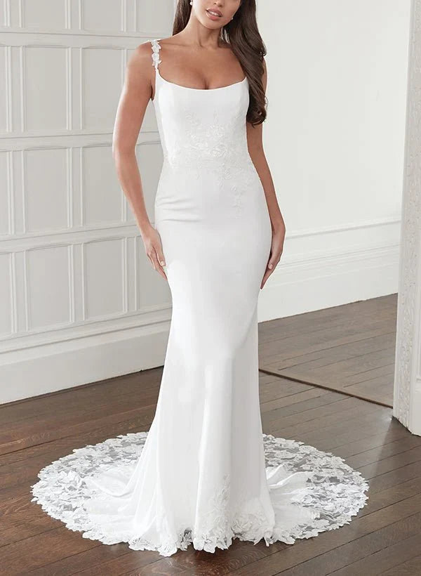Trumpet Mermaid Square Neckline Lace Elastic Satin Wedding Dresses