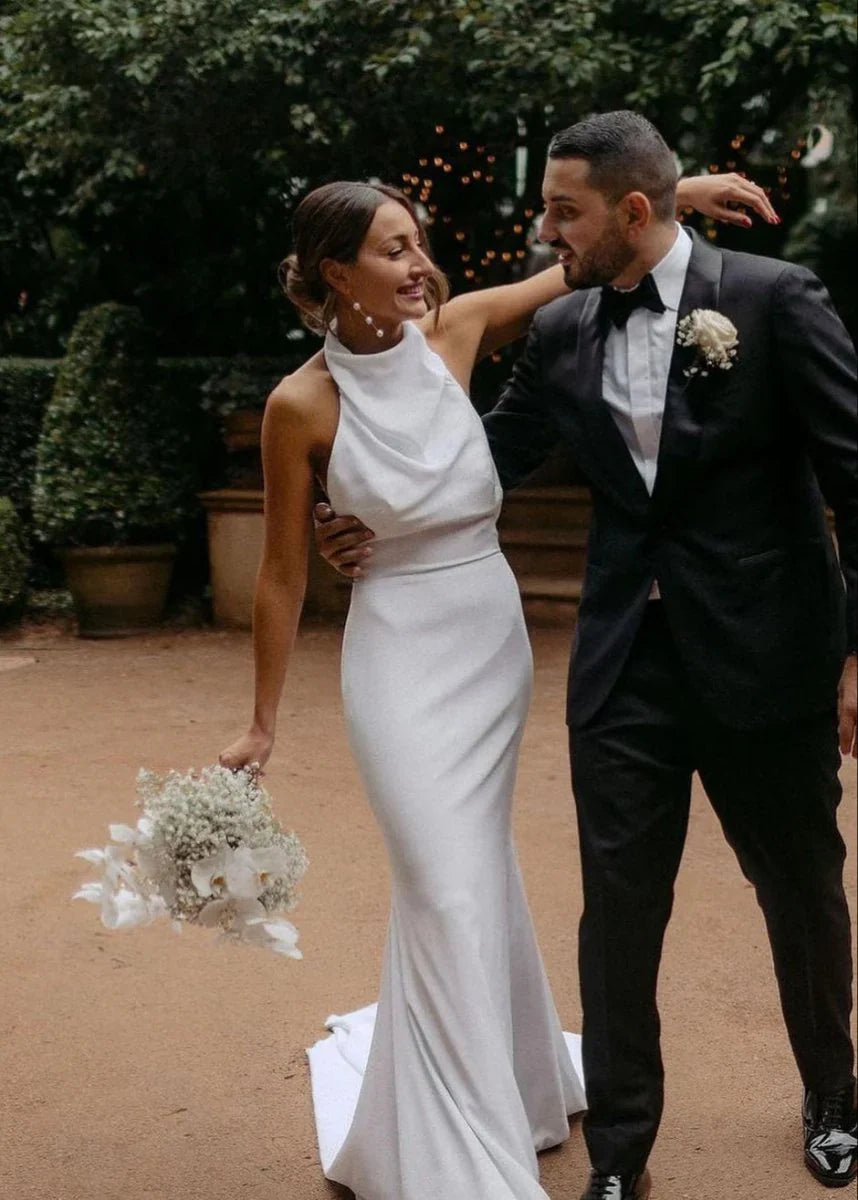 Elegant Mermaid White Halter Satin Wedding Dresses