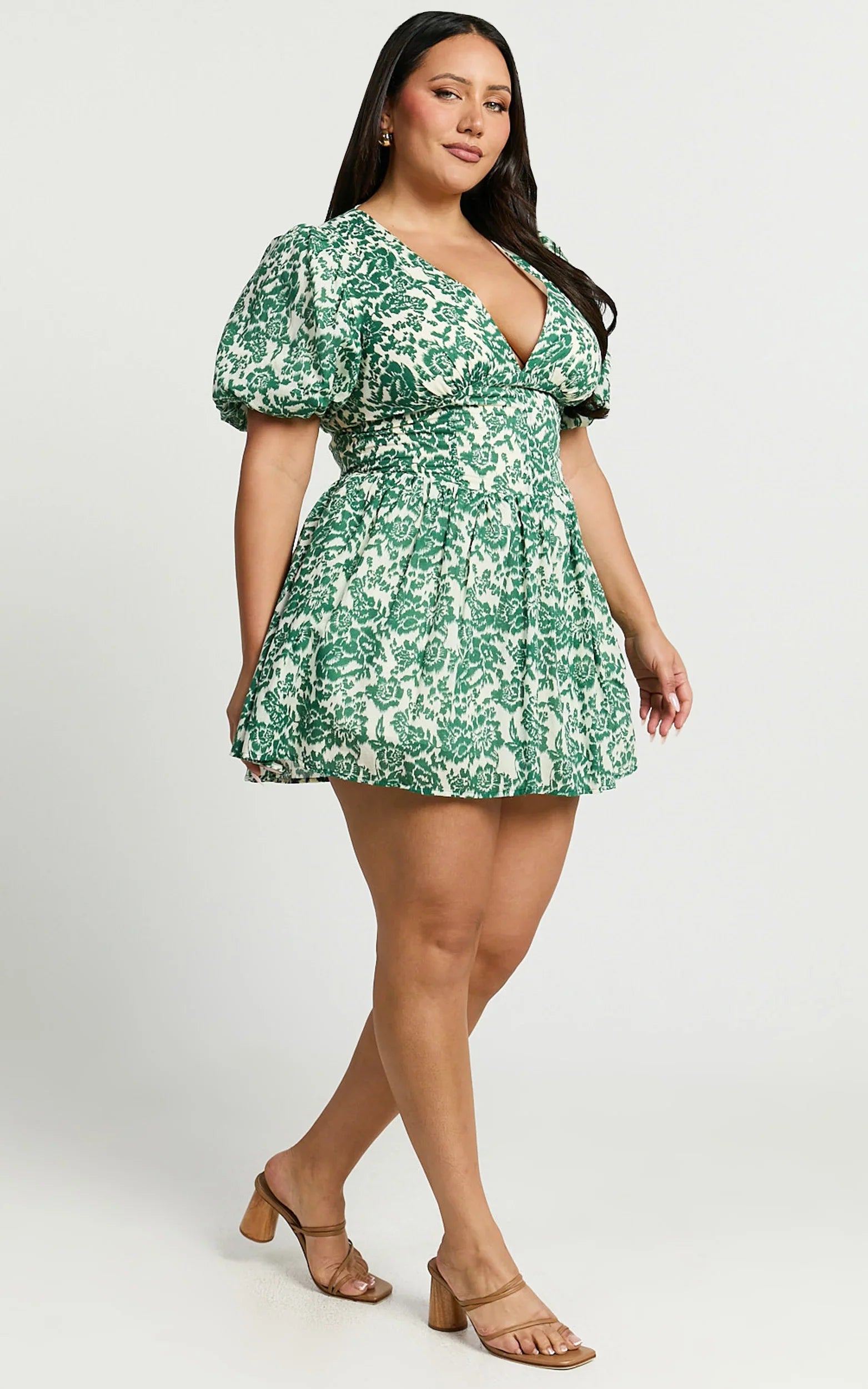 Nelli Mini Dress Short Puff Sleeve Shirred Back Dress in Green Silhouette