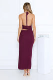 Haute Mode Mesh Halter Maxi Dress Plum