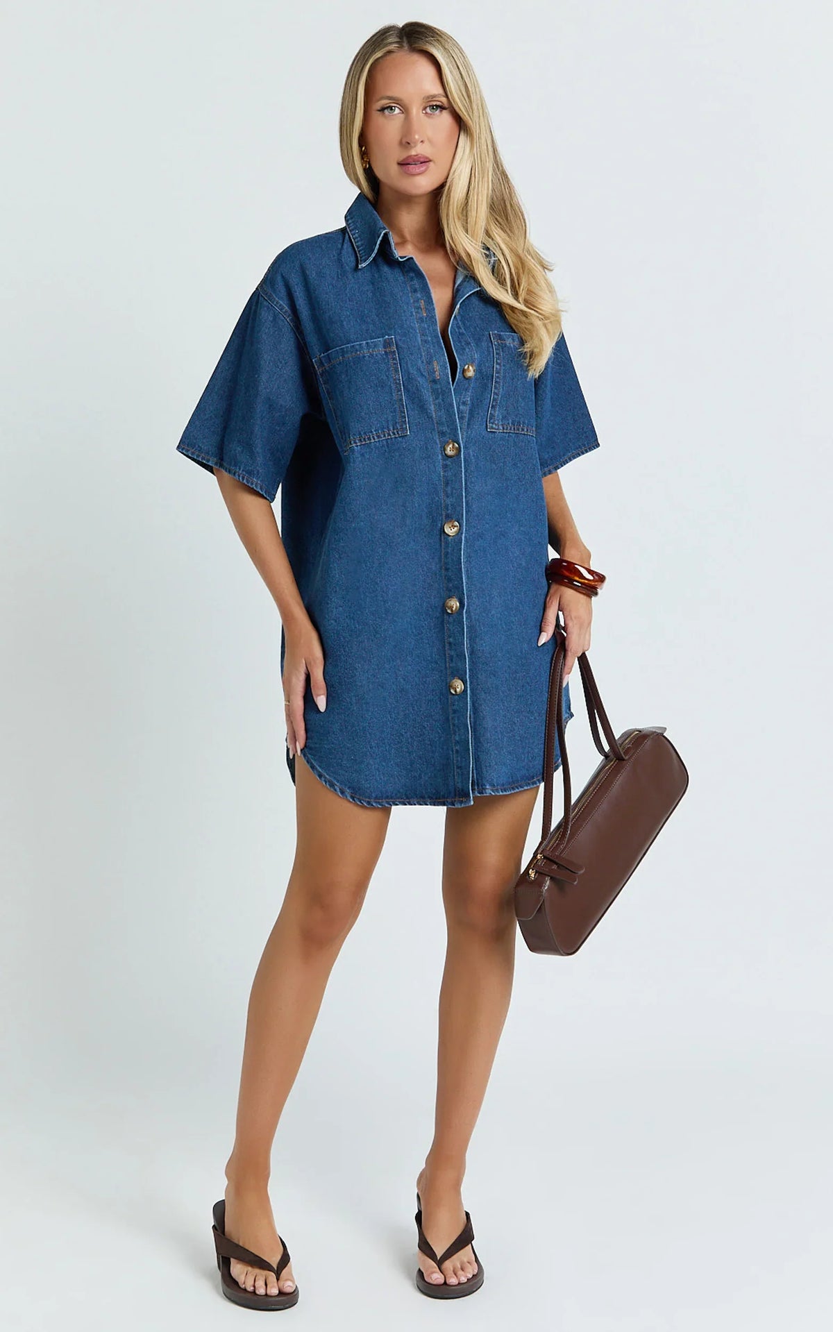 Richelle Mini Dress Short Sleeve Denim Shirt Dress in Mid Blue