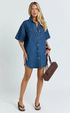 Richelle Mini Dress Short Sleeve Denim Shirt Dress in Mid Blue