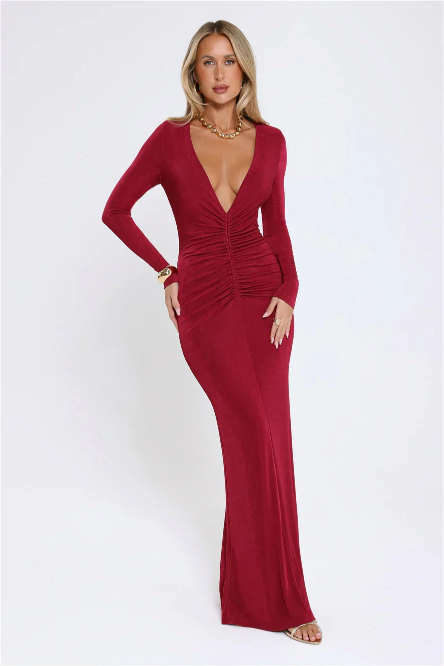 Stare Worthy Long Sleeve Maxi Dress Berry