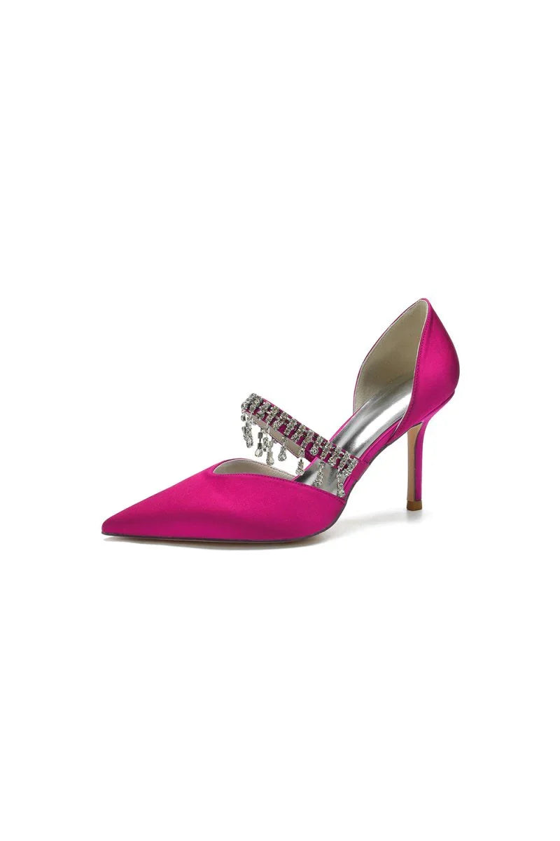 Cocktail Pointed Toe Crystal Tassel Buckle Strap Heels