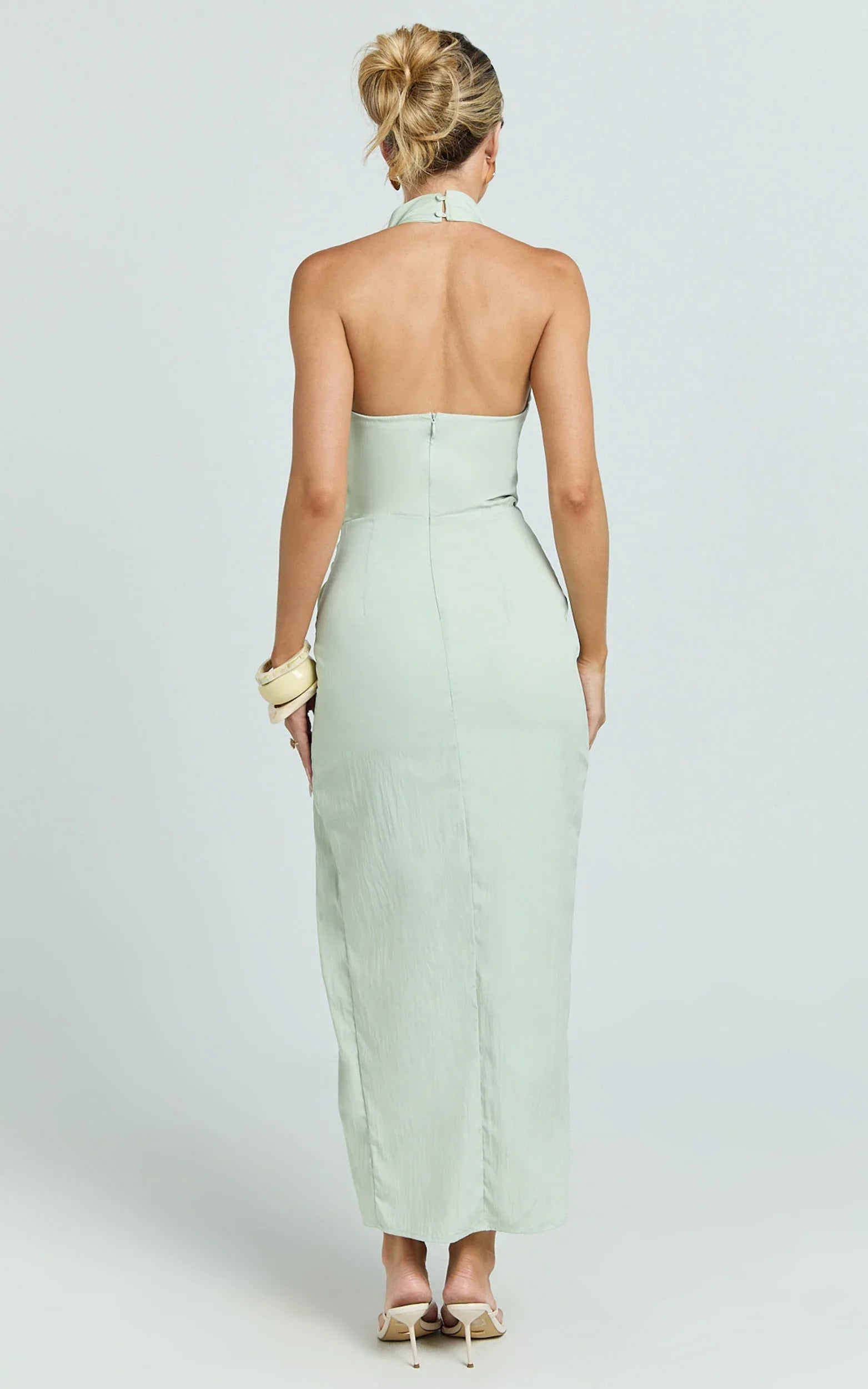 Finn Midi Dress Folded Cowl Halter With Front Leg Split in Sage
