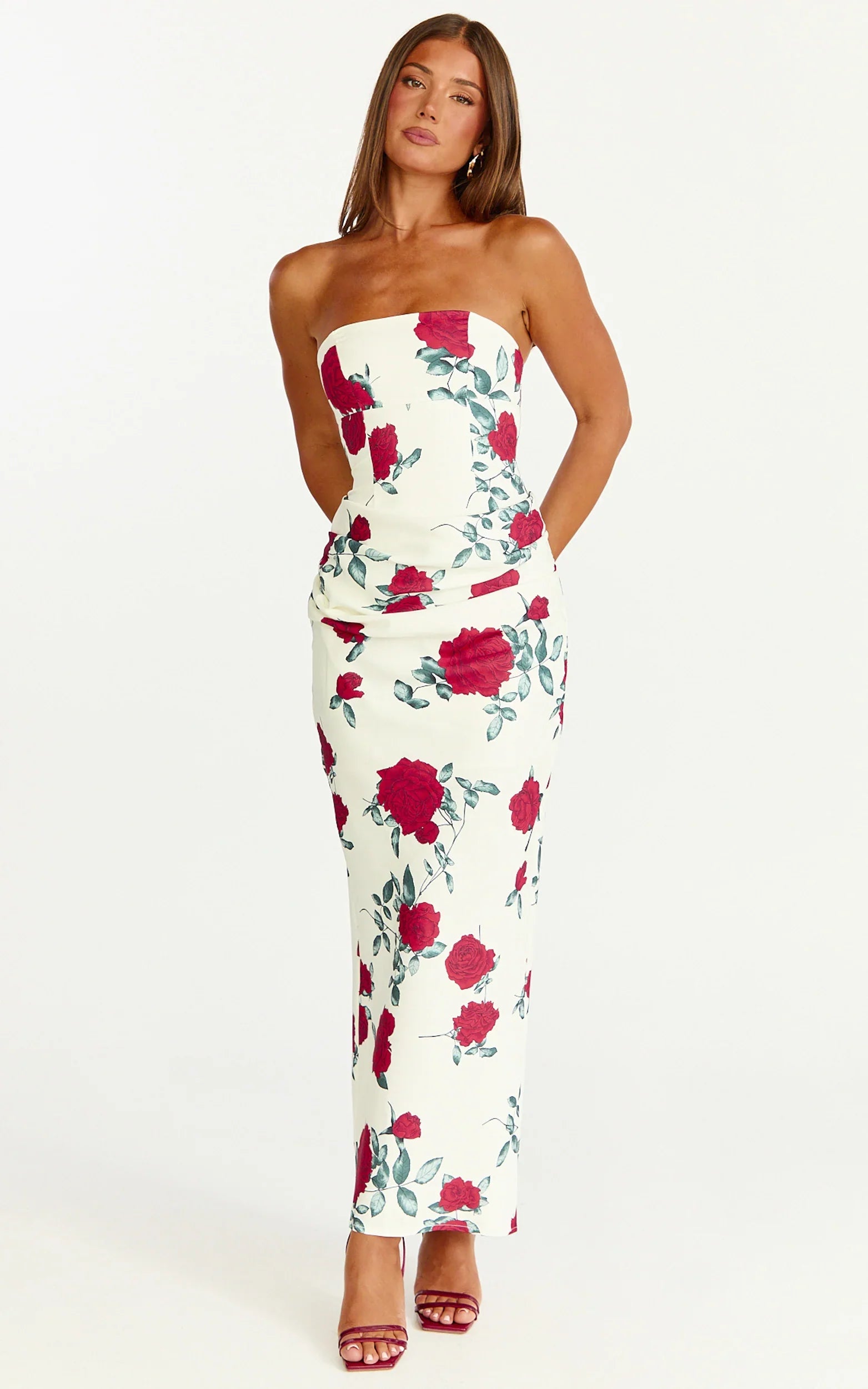 Dahlia Midi Dress Strapless Draped Cowl Waist Fitted Dress in Scarlet Rose Print