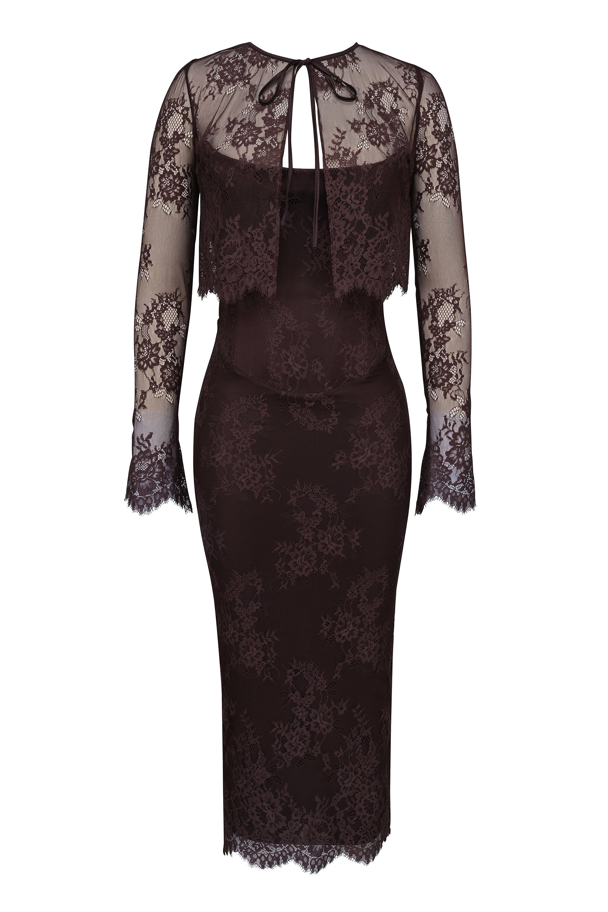 bitter chocolate lace corset midi dress bolero