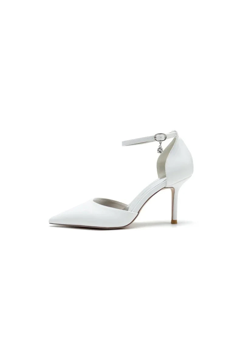Pointed Toe Sexy Ankle Strap White Satin Wedding Shoes