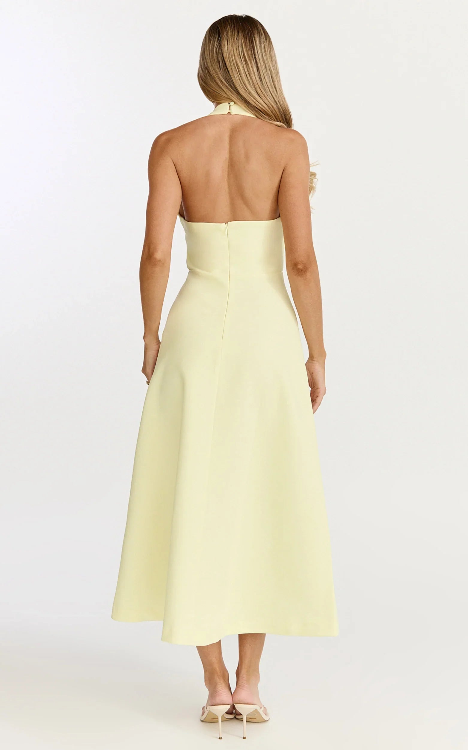Leilani Midi Dress Plunge Neck Hardware Fit and Flare Dress in Lemon