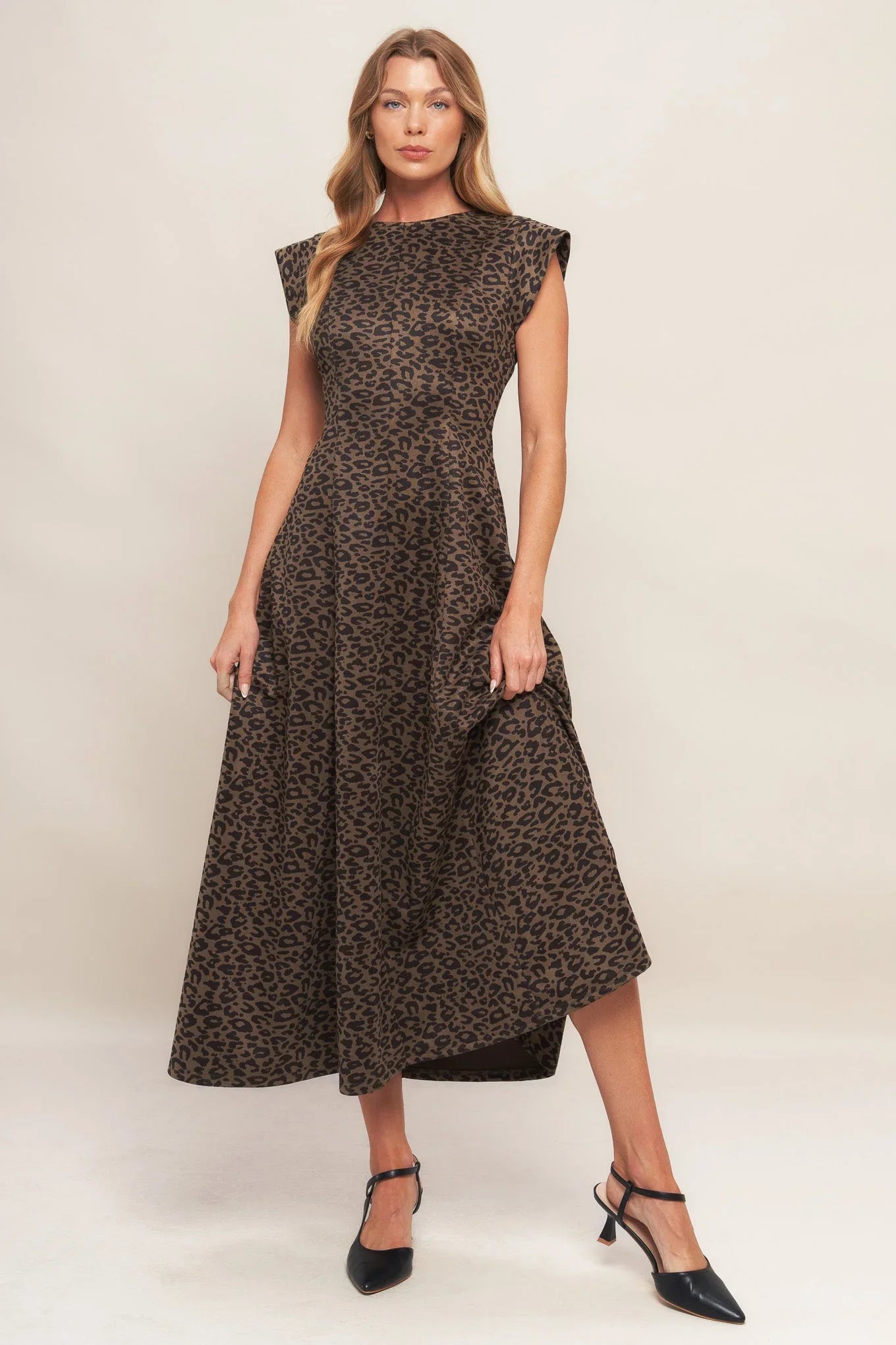 URBAN JUNGLE BROWN LEOPARD SUEDED KNIT MIDI DRESS