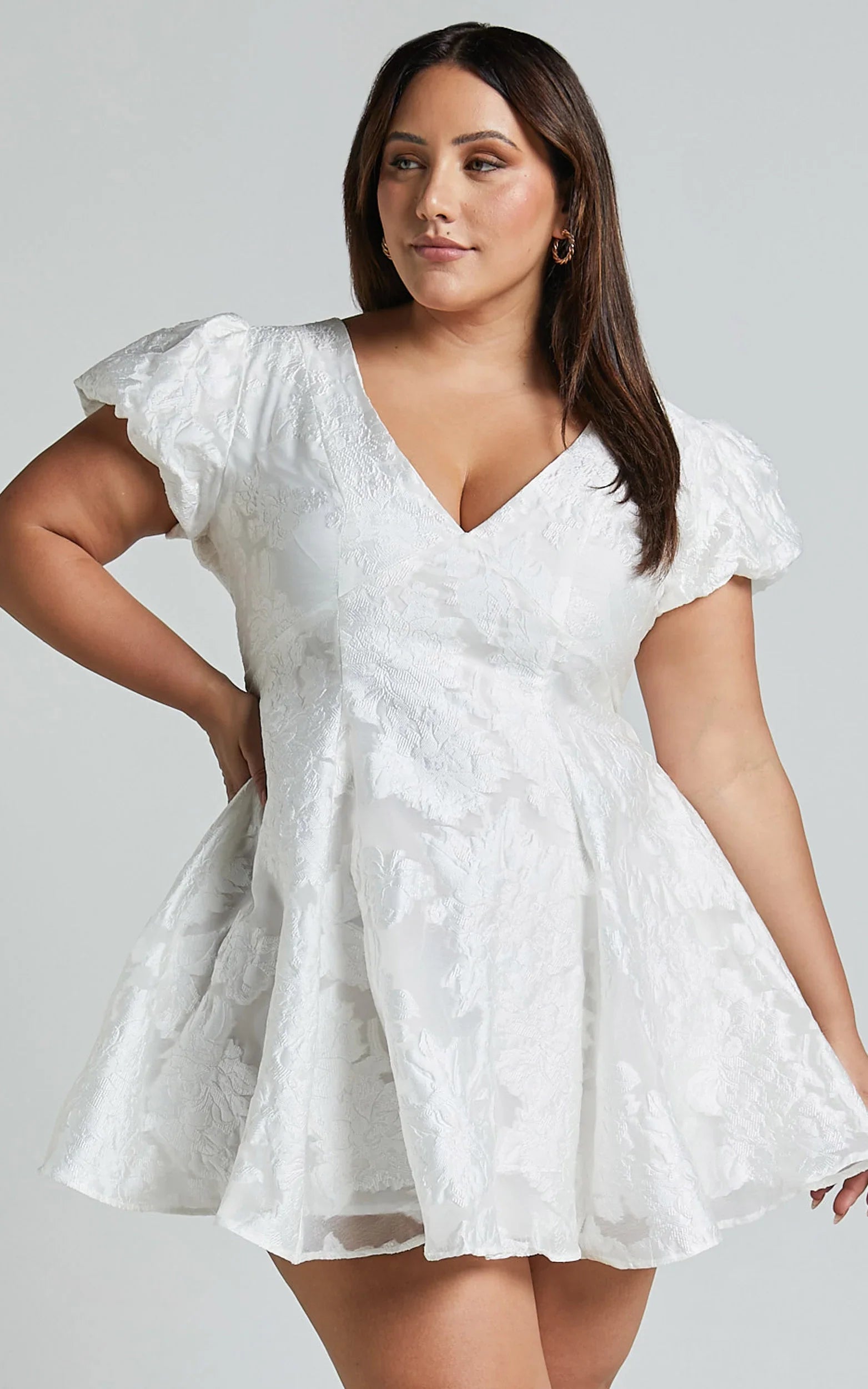 Brailey Jacquard Mini Dress Puff Sleeve Dress in White