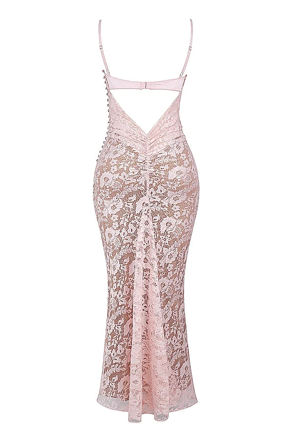 rose pink lace godet gown