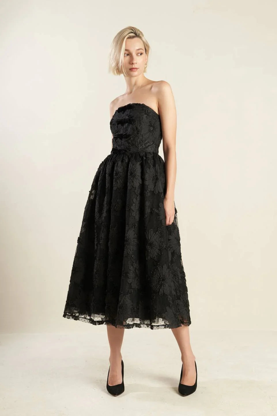 CONFIDENCE GAME BLACK LACE MIDI DRESS
