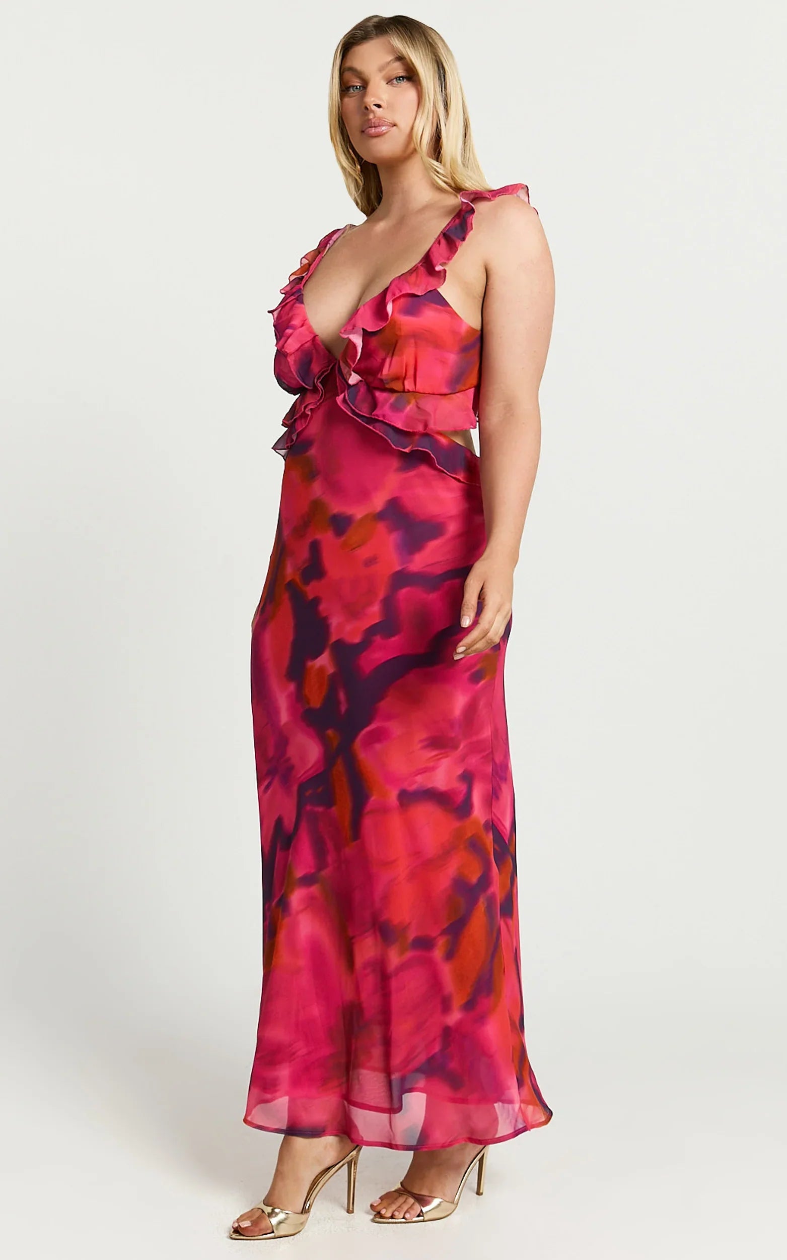Alessa Midi Dress V Neck Frill Detail Empire Waist Back Cut Out Dress in Adeana Print