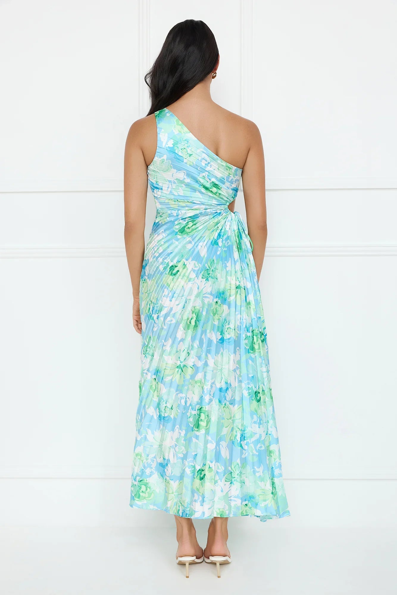 Emerald Ice One Shoulder Satin Pleated Maxi Dress Blue