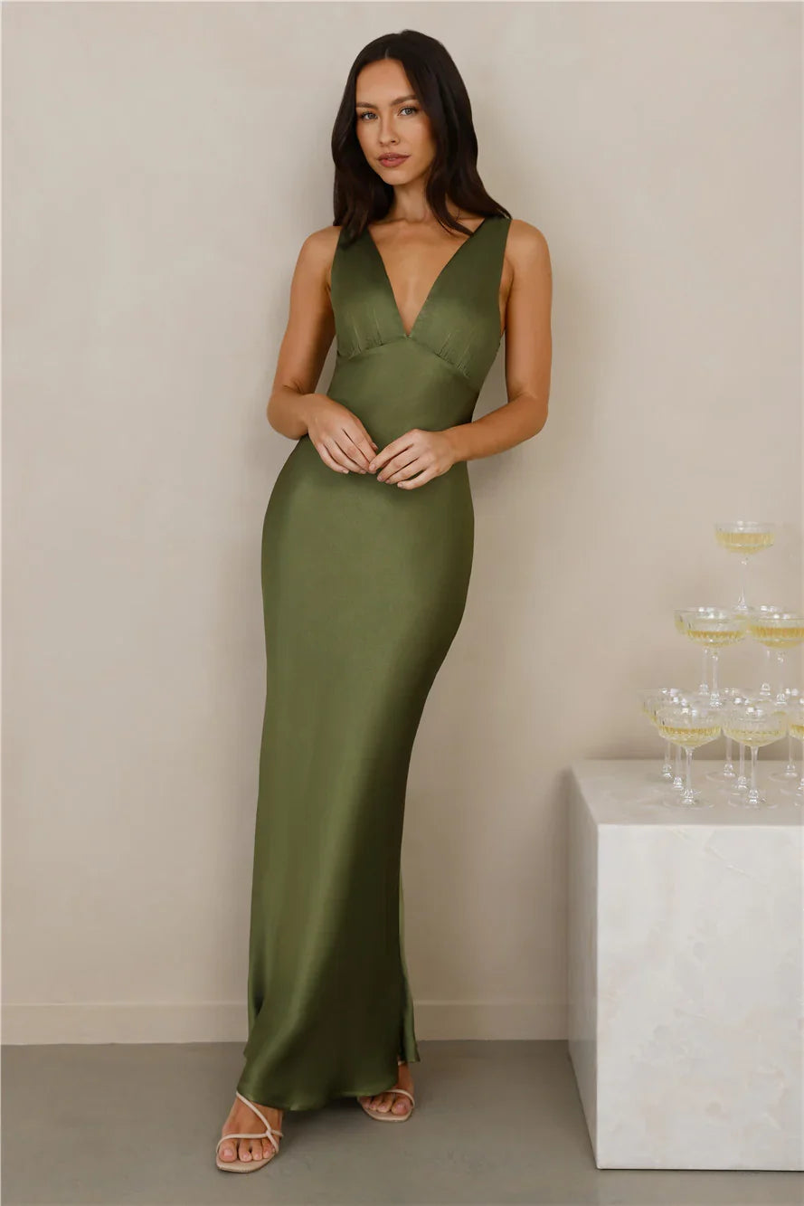 The Isabeau Satin Maxi Dress Olive