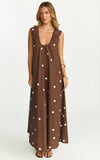 Simone Maxi Dress U Halter Neck Linen Polkadot Dress in Chocolate