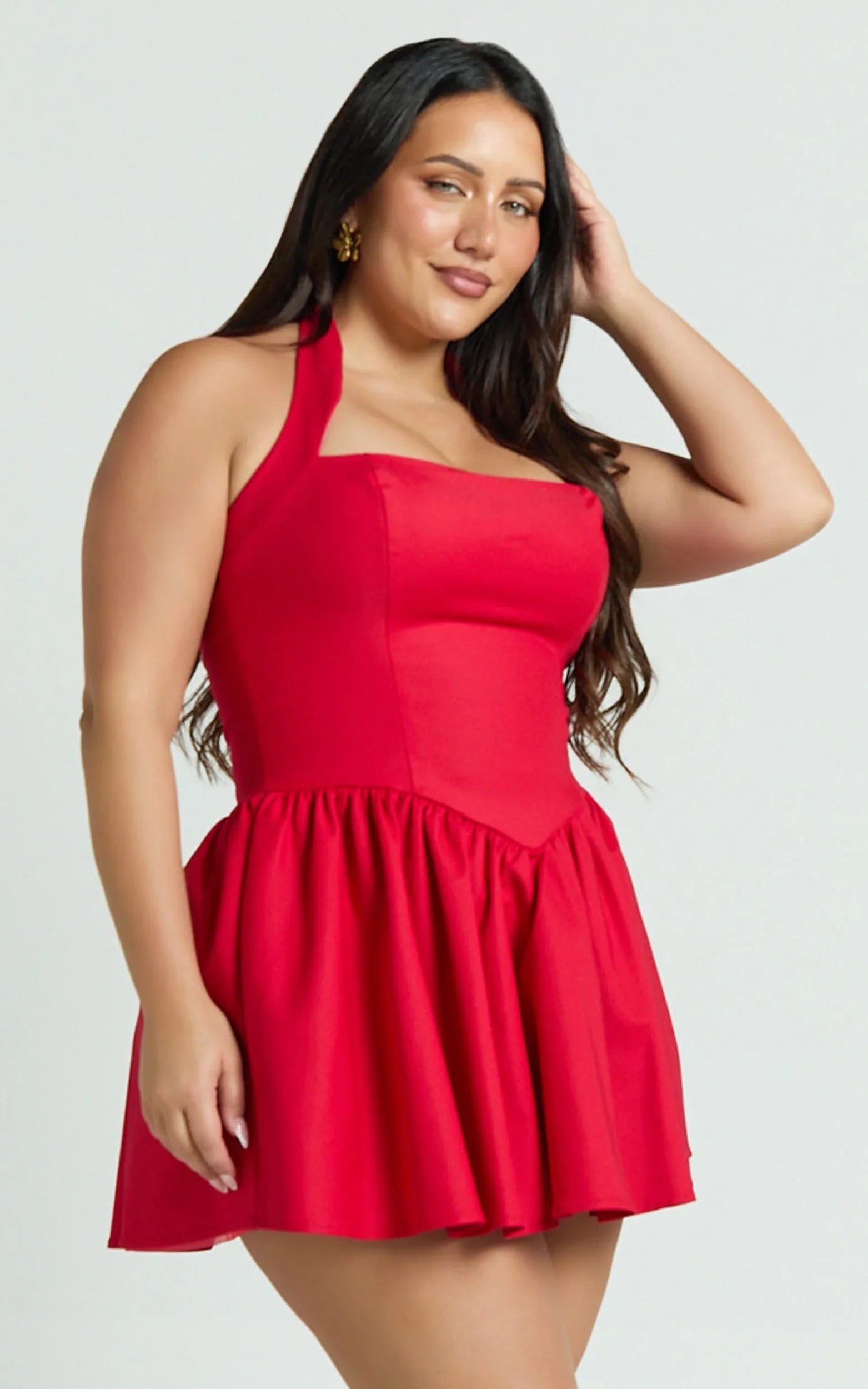 Helda Mini Dress Halter Tie Neck Corset Panel Dress in Red